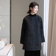 新中式黑色棉服女中长款天丝亚麻，提花中式斜襟保暖棉衣棉袄a1108