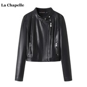 拉夏贝尔lachapelle春季黑色复古机车，皮衣女立领皮夹克外套