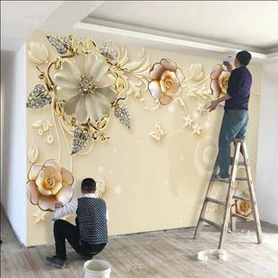 欧式3D金色花卉壁画客厅8d电视背景墙壁纸5d大气简约现代影视墙纸