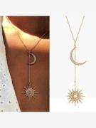欧美时尚太阳月亮项链合金，水晶长款锁骨链，巴洛克吊坠项链