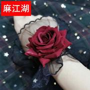 复古歌特黑色蕾丝酒红色，玫瑰花弹性手链荷叶，边韩国气质少女