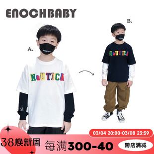 enochbaby童装男童长袖拼接套头，t恤彩色，字母印花假两件纯棉打底衫