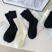 白色竖条纹袜子女中筒袜纯棉，春夏季日系简约百搭黑色纯色堆堆长袜
