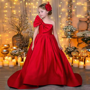红色女童公主裙高端礼服生日单肩小提琴钢琴儿童主持连衣裙小女孩