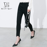 XG雪歌设计感修身黑色牛仔裤女高腰2023春季紧身小脚铅笔裤子