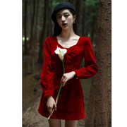 JUJU定制丝绒方领收腰法式复古气质长袖小个子酒红色连衣裙秋冬季