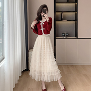 春秋套装女新中式国风穿搭一整套丝绒上衣服网纱蛋糕半身裙两件套