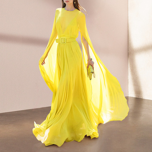 气场强大黄色连衣裙女气质，长裙长款仙气礼服，裙飘逸大摆裙年会裙子