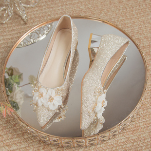 银色新娘鞋婚鞋2024年粗跟高跟鞋，女孕妇不累脚主婚纱水晶单鞋