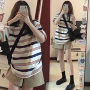 大码孕妇短袖套装夏季韩版宽松上衣，显瘦减龄条纹t恤棉麻短裤200斤