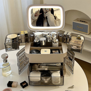 化妆品收纳盒桌面带镜子一体梳妆台护肤品香水置物架口红收纳柜箱