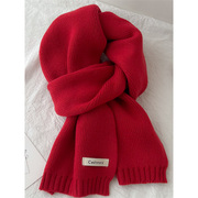 高级感红色羊绒围巾女冬季针织毛线围脖女秋冬百搭纯色生日礼物