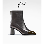fed真皮短靴秋季女靴粗跟尖头时装靴瘦瘦靴女款R0901-YAB022