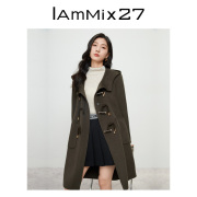 iammix27冬季加厚双面呢大衣女宽松保暖羊毛羊绒，混纺连帽毛呢外套