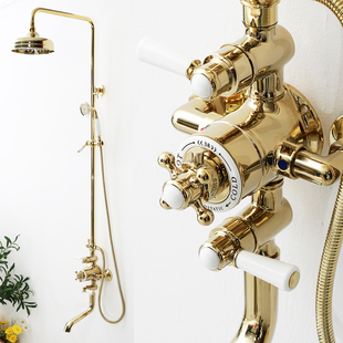 美景卫浴英国恒温淋浴花洒套装，家用锆金色，黄铜民宿装修酒店别墅