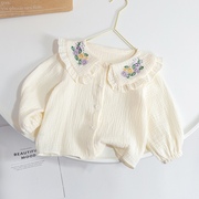 女童娃娃领衬衣春装2024儿童韩版洋气绣花白色衬衫小女孩上衣