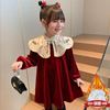 韩国女童金丝绒连衣裙2024冬装儿童女宝小女孩红色中国风裙子