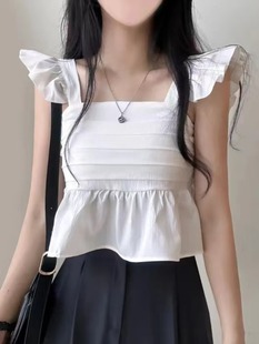 韩国chic夏季甜美小飞袖，衬衫女褶皱宽松百搭显瘦荷叶边短款雪纺衫
