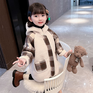 女童毛毛衣(毛毛衣)外套秋冬装，洋气2023韩版儿童中长款加厚羊羔绒大衣