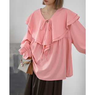 菲尔丹双层荷叶领高腰，宽松长袖衬衫，显瘦仙仙粉色娃娃衬衫519