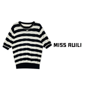 MISS RUILI定制 春季设计感薄款撞色条纹天丝针织衫A6944