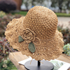 沙滩帽手工编织夏凉帽(夏凉帽，)草帽女遮阳花朵可折叠防紫外线防晒太阳帽