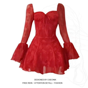 大码胖妹妹新年战袍法式红色蕾丝方领系带连衣裙芭蕾风收腰辣妹裙