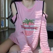 大码女装200斤胖mm夏季韩版设计感草莓字母图案露肩长袖T恤防晒衣