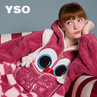 yso冬季珊瑚绒睡衣女大眼仔连帽，长袖卡通连体，睡衣可外穿家居服d