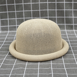 亲子帽成人儿童帽子草纱卷边圆顶，透气小礼帽，夏季时尚凉帽休闲盆帽