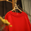 红色宽松毛衣女(毛衣女)套头，圆领纯棉线衫，加厚慵懒风百搭新年圣诞内搭上衣