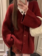 新年红色毛衣外套女秋冬季2023加厚软糯针织开衫宽松上衣