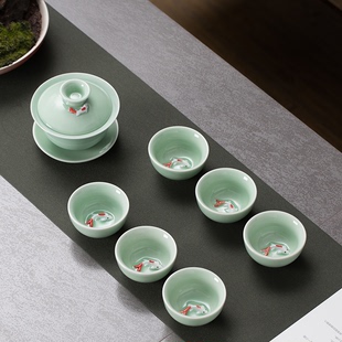 龙泉青瓷功夫茶具套装盖碗，茶壶鱼杯套装一壶六杯鲤鱼茶具整套