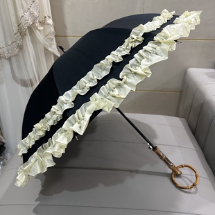 美貌的lolita洋伞荷叶，花边手动长柄伞，黑胶遮阳伞超强防晒竹节手柄