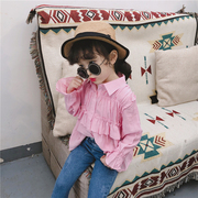 韩版童装2019年春季女童甜美褶皱荷叶边喇叭袖裙摆边雪纺衬衫