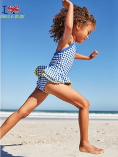 英国Boden女童夏季连体条纹裙摆蓝边吊带粉白内衬游泳衣