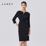 lancy朗姿春季小v领气质，醋酸连衣裙收腰显瘦高级感法式小黑裙女