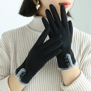 手套女冬季可爱秋冬加绒时尚韩版保暖开车骑行分指触屏麂皮绒手套