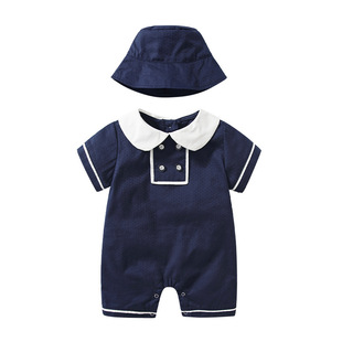 新生儿海军风夏装外贸连体衣，帽子男女宝宝，网红哈衣婴幼儿爬服