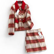 红色格子夹棉加厚翻领，短款小香名媛风毛呢外套，半身裙两件套装b691