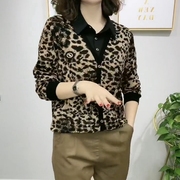 豹纹衬衣女春秋时尚假两件衬衫，领卫衣显瘦气质，翻领长袖上衣打底衫