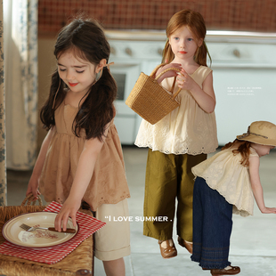 女童韩系可爱镂空花边背心，娃娃衫允儿妈宝宝，夏季洋气韩版纯棉上衣
