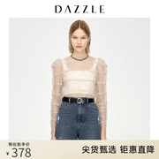 DAZZLE地素奥莱 深卡其色网纱蕾丝打底衫上衣女2D1D5367N