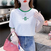 撞色蕾丝镂空白色t恤女短袖，2024夏韩版宽松圆领体恤刺绣上衣