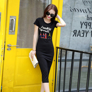 休闲印花短袖连衣裙女夏季韩版宽松显瘦中长款黑色打底t恤裙