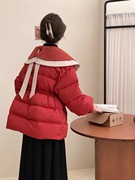 羽绒服女2023年红色娃娃领学院风白鸭绒收腰宽松时尚韩版外套