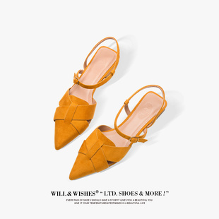 WILLWISHES黄油蛋挞~低跟单鞋女法式包头凉鞋女尖头平底鞋女