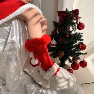 女童圣诞袜中筒袜洋气獭兔毛女宝宝保暖新年红色堆堆袜毛球袜子