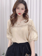 雪纺衬衫女短袖夏季2024年韩版宽松洋气圆领蕾丝镂空半袖上衣