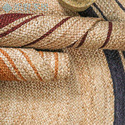 进口手工编织黄麻地毯客厅茶几，田园卧室床边毯圆形家用地垫可定制